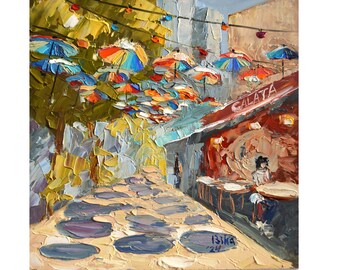 Cityscape Original Oil Painting living room art Istanbul Galata cafe Impressionism 8x8 in Travel Gifts