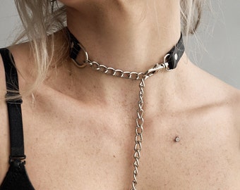 Halsband mit Kette, Lederhalsband, Halsband mit Kette, Halsband für Frauen, Katzenhalsband, Halskette mit Kette.