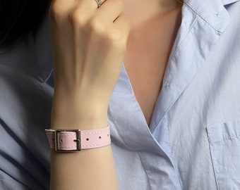 Leren armband, roze gesparmband, leren armarmband, gepersonaliseerde armband, schattige armband, armband voor vrouw, cadeauarmband.