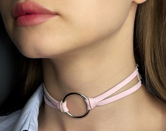 Leather choker with o-ring, leather choker, collar with o-ring, pink choker, kitty collar with o-ring, double stripe leather choker.