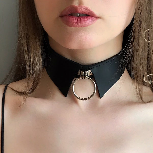 Leather choker collar with O-ring, leather choker, collar with o-ring, choker collar, kitty collar with o-ring.