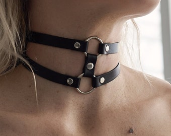 Choker with double o-ring, leather choker, collar with double o-ring, biker choker, kitty collar with double o-ring