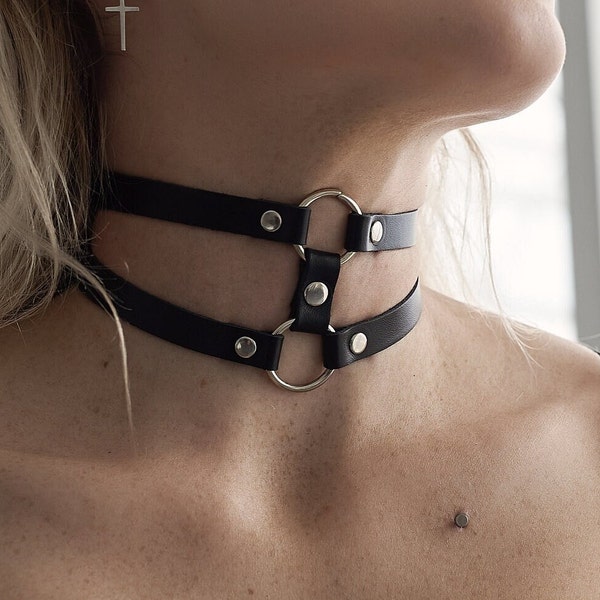 Choker with double o-ring, leather choker, collar with double o-ring, biker choker, kitty collar with double o-ring