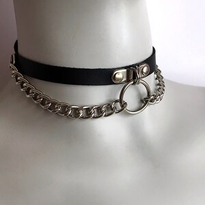 Choker with double chain and o-ring, leather choker, collar with o-ring, biker choker, kitty collar with o-ring, choker with double chain image 4