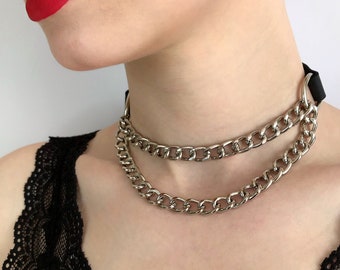 Choker with double chain, leather choker, collar with chain, biker choker, kitty collar, necklace with double chain