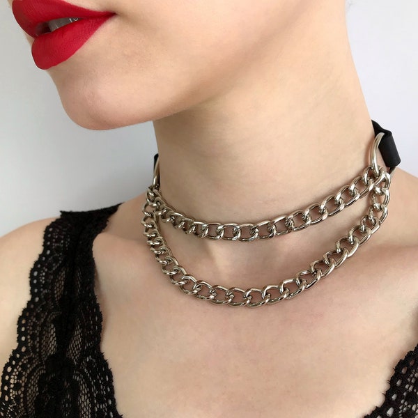 Choker with double chain, leather choker, collar with chain, biker choker, kitty collar, necklace with double chain