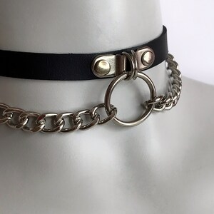 Choker with double chain and o-ring, leather choker, collar with o-ring, biker choker, kitty collar with o-ring, choker with double chain image 5