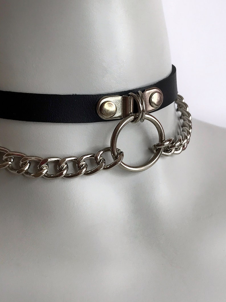 Choker with double chain and o-ring, leather choker, collar with o-ring, biker choker, kitty collar with o-ring, choker with double chain image 5