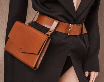 Ceinture de pochette en cuir, ceinture en cuir avec sac, ceinture en cuir, pochette de ceinture orange, ceinture en cuir de mode avec sac, sac en cuir.