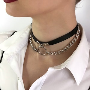 Choker with double chain and o-ring, leather choker, collar with o-ring, biker choker, kitty collar with o-ring, choker with double chain image 1