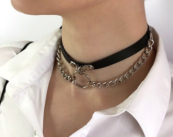 Choker mit doppelter Kette und O-Ring, Leder Choker, Halsband mit O-Ring, Biker Choker, Kitty Halsband mit O-Ring, Choker mit Doppel Kette