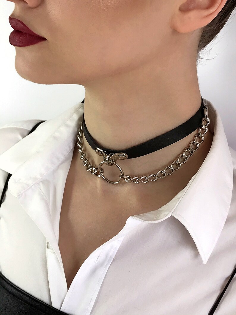 Choker with double chain and o-ring, leather choker, collar with o-ring, biker choker, kitty collar with o-ring, choker with double chain image 1