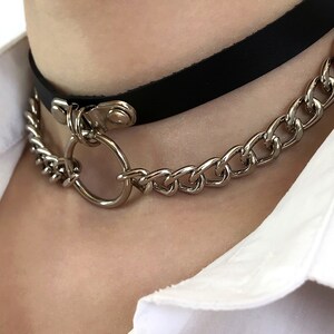 Choker with double chain and o-ring, leather choker, collar with o-ring, biker choker, kitty collar with o-ring, choker with double chain image 2