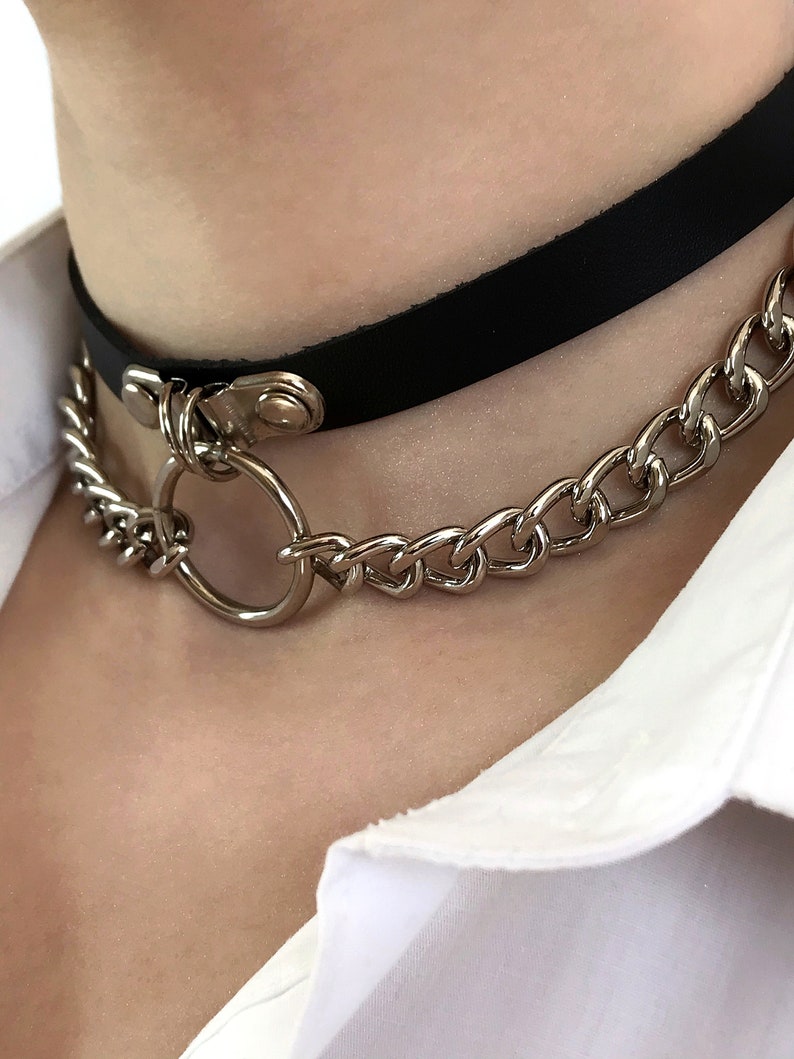 Choker with double chain and o-ring, leather choker, collar with o-ring, biker choker, kitty collar with o-ring, choker with double chain image 2