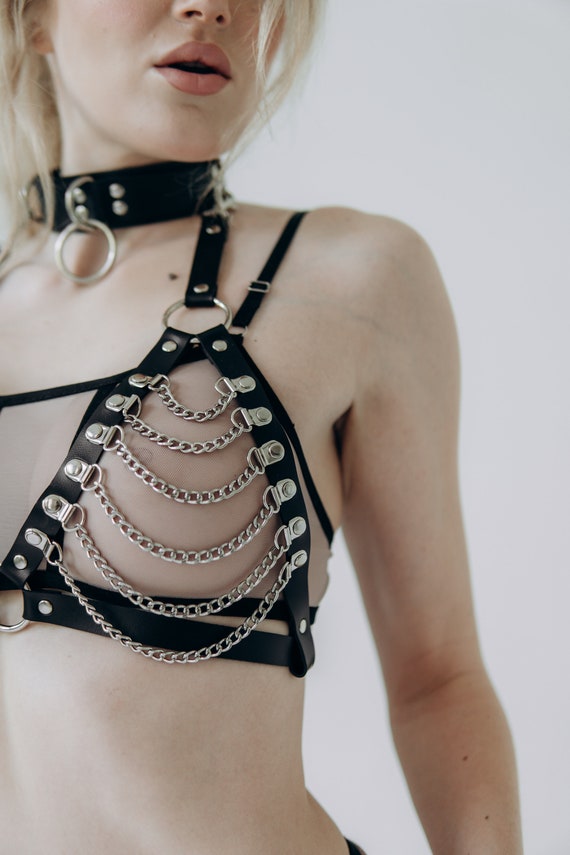 Chest Harness With Chain, Erotic Leather Bra With Chain, Leather