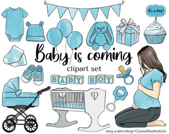 Baby shower clipart set, Blue Baby Shower, Pregnant, Baby Boy, Scrapbook Invitation baby shower, Nursery illustration