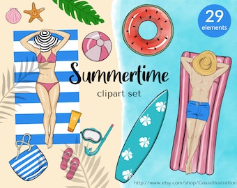 May include: A set of 29 summer-themed clipart illustrations. The illustrations include a woman sunbathing on a beach towel, a man floating on a pink inflatable raft, a surfboard, a watermelon pool float, a beach bag, sunglasses, a snorkel, sunscreen, and palm leaves.