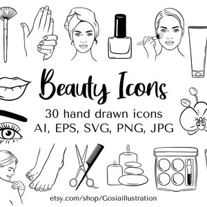 Beauty icons, vector hand drawn icons, eps, ai, png, jpg black doodle icons, Make up, Spa, Nail salon, Cosmetic, Skin care icons