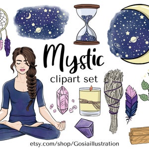 Mystieke clipart set, Mystic &Celestial clip art, Spirituele graphics, Magische elementen, Maan en sterren, nachtelijke hemel, kristallen planner iconen