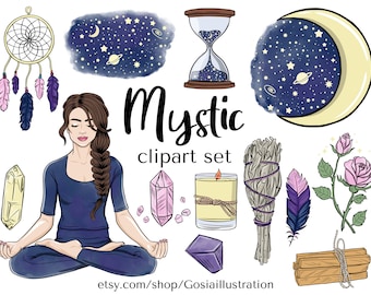 Mystieke clipart set, Mystic &Celestial clip art, Spirituele graphics, Magische elementen, Maan en sterren, nachtelijke hemel, kristallen planner iconen