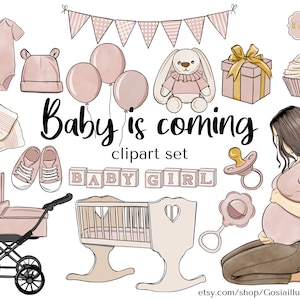 Zestaw clipartów na baby shower, pastelowy różowy clipart na baby shower, ciąża, dziewczynka, zaproszenie do scrapbookingu, ilustracja do pokoju dziecięcego