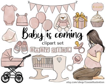 Baby shower clipart set, Pastel Blush Pink Baby shower clipart, Pregnant, Baby Girl, Scrapbook Invitation baby, Nursery illustration