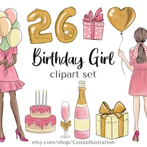 Birthday Girl - Clipart Set, Glam Birthday Party, Pastell, Romantische Mädchen, Ballonzahlen Grafik, Happy BIrthday Einladung, Illustration