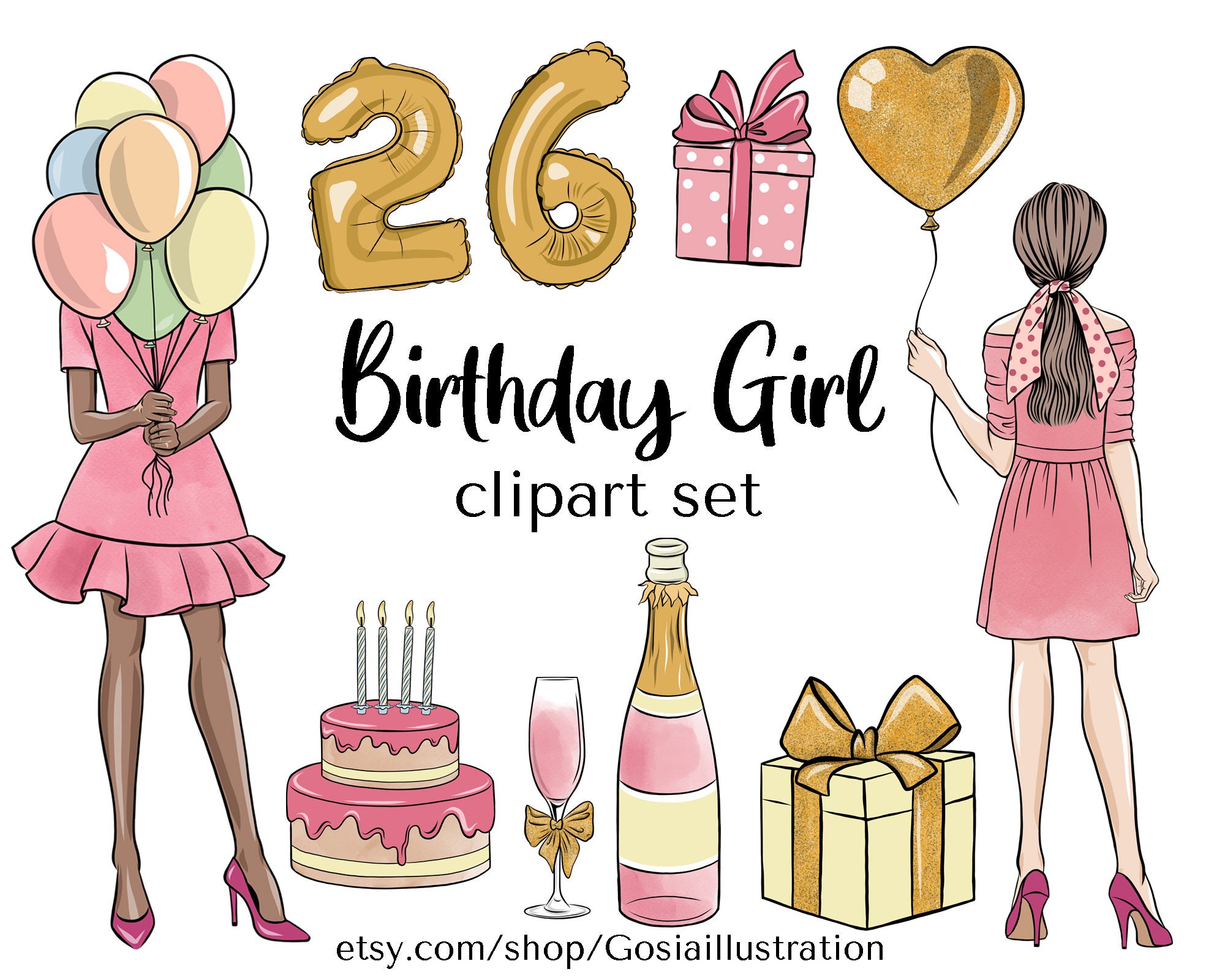 Birthday Girl Clipart Set, Glam Birthday Party, Pastel, Romantic Girl,  Balloon Numbers Graphics, Happy Birthday Invitation, Illustration 