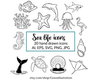 Ícones da vida marinha, oceano, criaturas marinhas ícones de rabiscos desenhados à mão, clip art, peixes, águas-vivas, arte de linha de conchas