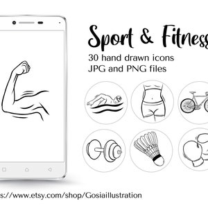 Puede incluir: Un conjunto de 30 iconos dibujados a mano para el deporte y la forma física. Los iconos son en blanco y negro e incluyen imágenes de un bíceps, un nadador, una persona con un vientre plano, una bicicleta, mancuernas, un volante de bádminton y guantes de boxeo.