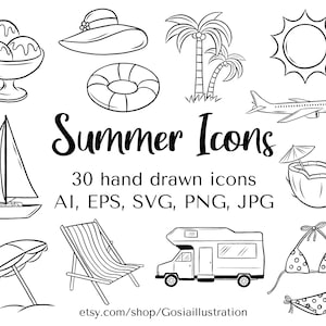 Ícones de verão, férias, viagens, ícones desenhados à mão na praia, ícones de doodle, clip art, vetor, eps, png, viagem, palmas, gráficos do mar