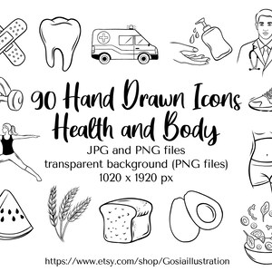 90 icônes santé et corps, médical, alimentation saine, sport icônes dessinées à la main, JPG et PNG avec fond transparent, faits saillants Instagram