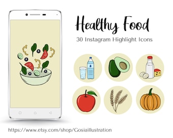 Alimentos saludables Iconos destacados de Instagram, Portadas de historias de alimentos dietéticos, Iconos de Instagram dibujados a mano, Iconos de frutas y verduras, redes sociales