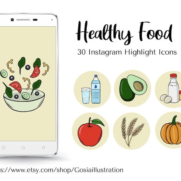 Healthy Food Instagram Highlight Icons, Diet food story covers, Hand drawn Instagram Icons, Fruits and Vegetables icons, social media