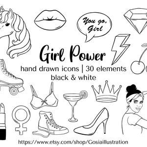 Girl Power - handgezeichnete Icons, Doodle Icons, Feministische Grafiken, Frauentag Illustration, Digitaler Download, PNG, Woman Icons Bundle