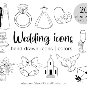 Icônes de mariage, icônes dessinées à la main, noir et blanc, griffonnage, icônes de dessin au trait, histoire d’amour, mariée, graphismes de marié, planificateur de mariage, png transparent