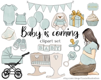Baby shower clipart set - Pastel edition, Baby shower clipart, Pregnant, Baby Girl, Scrapbook Invitation, Nursery illustration