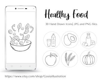 Healthy Food Hand Drawn Icons, Diet Food Instagram Highlight Icons, Food doodle bblack and white icons, Fruits and Vegetables graphics