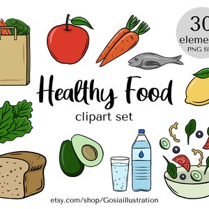 Ensemble de cliparts sur les aliments sains, clipart alimentaire dessiné à la main, illustrations de fruits et légumes, graphiques, griffonnage nutritionnel, images clipart diététiques