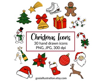 Iconos de Navidad, conjunto de imágenes prediseñadas, iconos dibujados a mano, iconos de garabatos navideños, gráfico de Feliz Navidad, ilustración, imágenes prediseñadas de invierno, iconos de Navidad