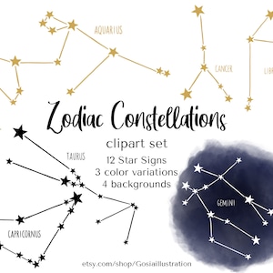 Zodiac Constellations clipart set, Star Signs hand drawn cliparts, Zodiac icons, Astrology, Stars: White, Black, Gold, Navy Night Sky