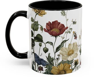 Victorian Wildflower & Dragonfly Accent Coffee Mug | Cottagecore Floral Tea Cup