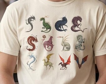 T-Shirt mit Kryptiden-Gitter | Handgezeichnete Fantasietiere, Vintage-Baumwoll-T-Shirt