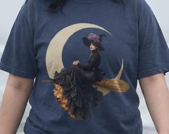 Victorian Witch on Broomstick Moon T-shirt | Halloween Witch Tee