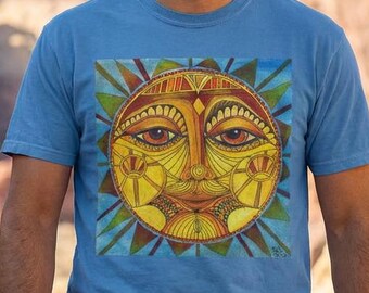 Sun Face Mandala T-shirt | Vibrant Yellow Sun Artwork, Geometric Rays