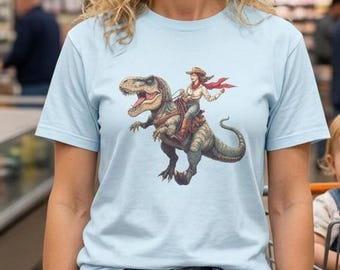 Cowgirl Riding T-Rex Custom T-shirt | Retro Western Dinosaur Illustration