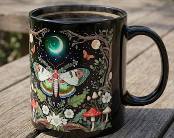 Night Moth & Moon Mug | Floral Mushrooms Black Ceramic