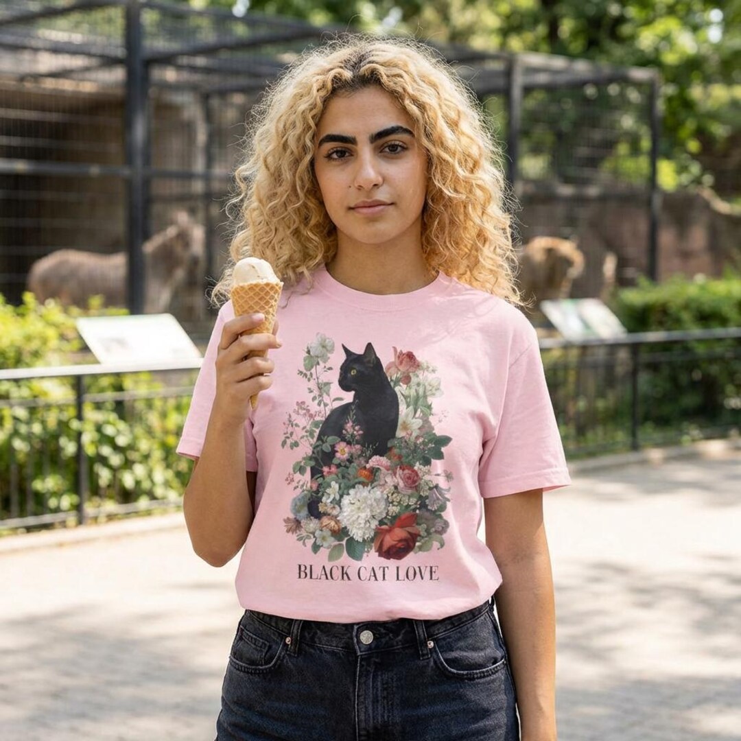 Black Cat Love Floral Illustration T-shirt | Vintage Botanical Cat ...