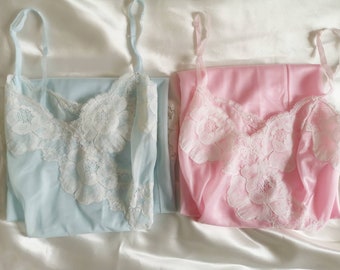 Vintage pink and baby blue lace slip dresses