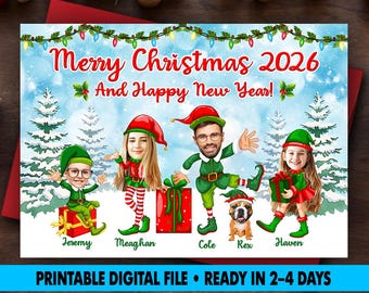 Tarjeta navideña divertida de una familia de elfos (2026): Foto personalizada (archivo digital)
